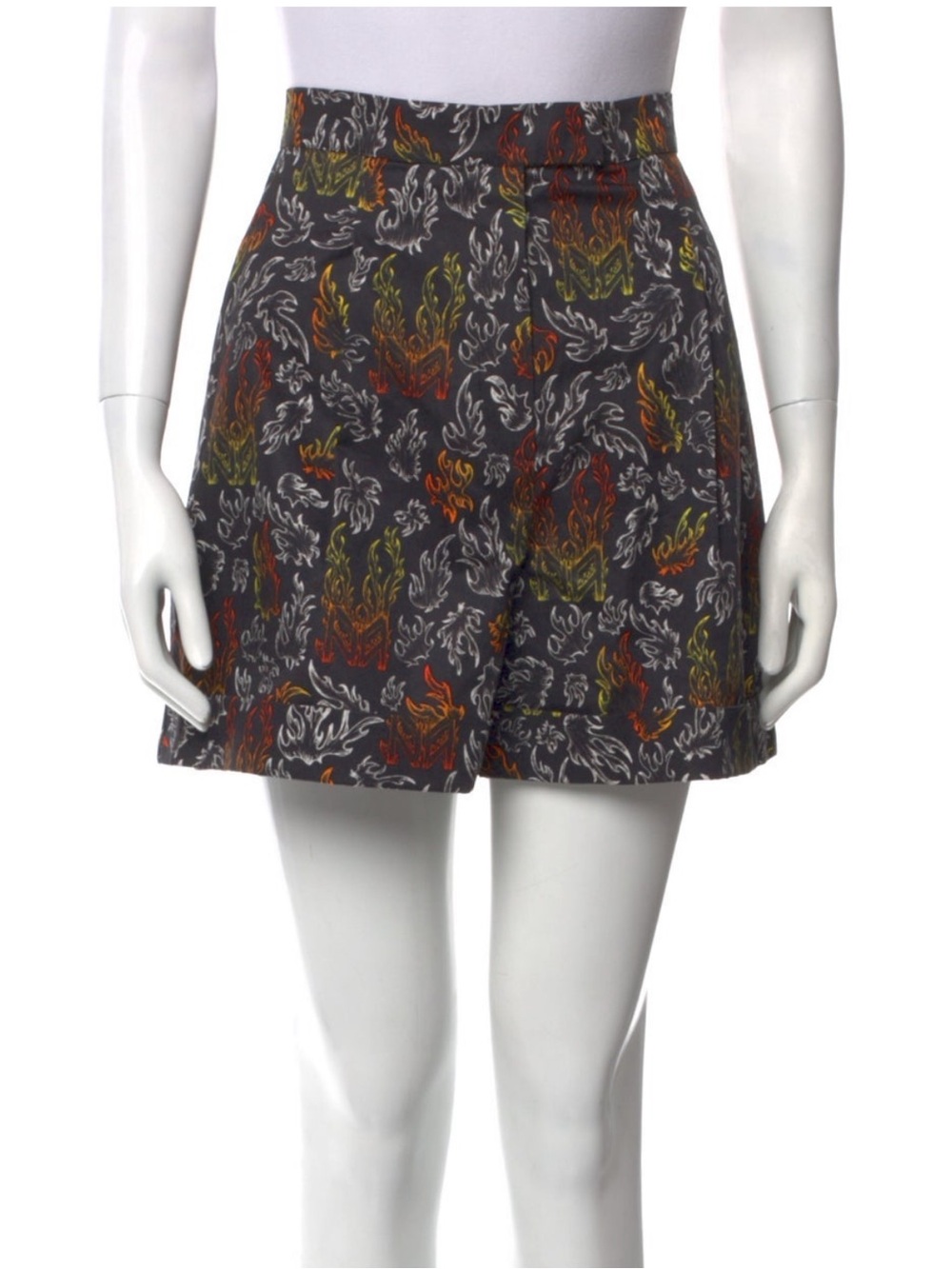 High-Waist Printed Mini Shorts in Charcoal with Multicolor Flame Motif